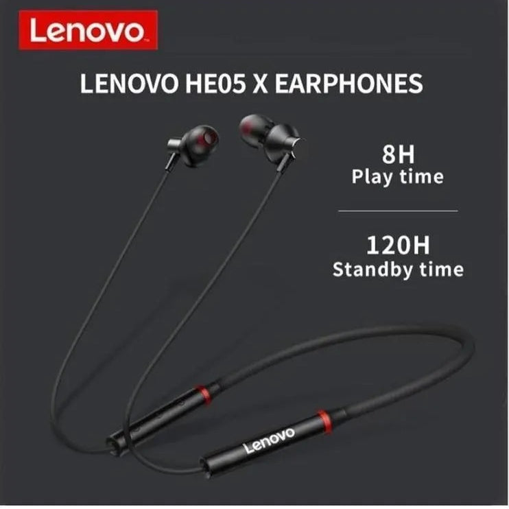 Lenovo HE05X Bluetooth 5.0 Magnetic Neckband Earphones with Mic – 8 Hours Playtime, Sweatproof Sports Headset